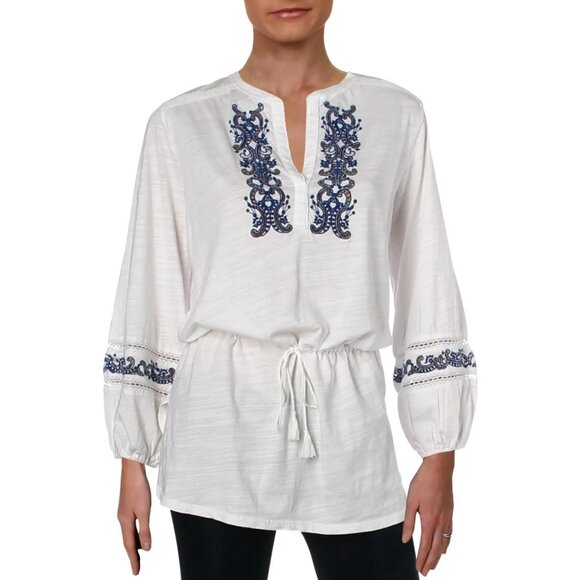 Lauren Ralph Lauren M White Blue Embroidered Tunic Top Boho Peasant Blouse - Picture 2 of 12